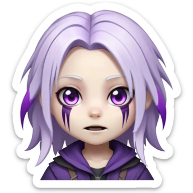 Chibi Sable Ward from Dead by Daylight with long white hair with purple streaks and fully purple eyes, detailed and expressive, cute exaggerated style with large expressive eyes and clear emotion sticker
