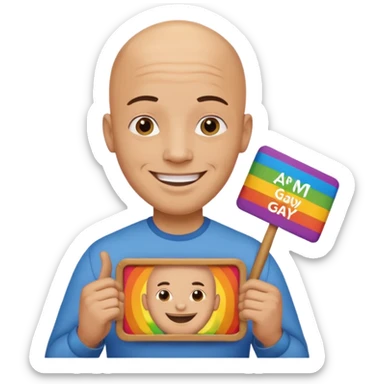 bald guy holding sign that says "am gay" sticker