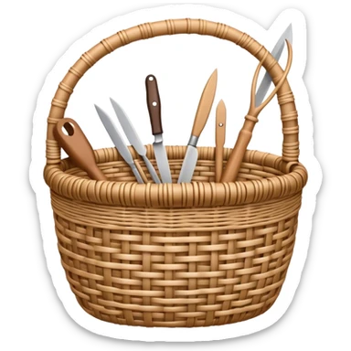 Wicker weaving icon, flexible wicker branches woven into a basket or decorative object, weaving tools like a knife or awl, intricate patterns, minimalistic style, clean lines, transparent background. sticker