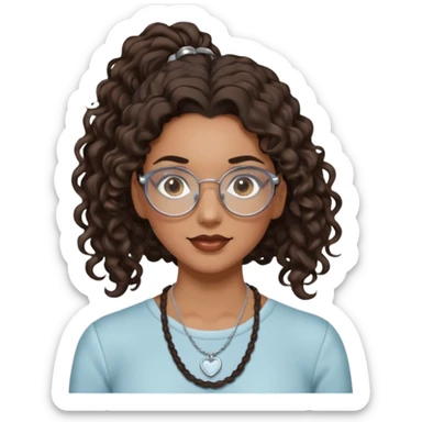 chica morena de ojos claros con gafas exagonales redondeadas. y pelo rizado castaño con todo el pelo recogido en una coleta . y un collar de plata sticker