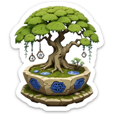 Alien spacecraft hanging-vines landscape mudman very old broken cracked intricate Stone Age rocky-crusted irregular dodecagon-shaped shallow dark moss rough bark blue willow flowered maple tree bonsai pot sticker