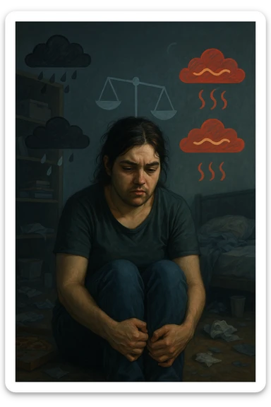 Donna tra i 25 e i 35 anni seduta da sola in una stanza, con lo sguardo basso e un’espressione di frustrazione e stanchezza. Sul volto si notano peli visibili sul mento e sopra il labbro, simbolo di irsutismo. Intorno a lei, l’ambiente appare disordinato, con luci fredde e atmosfera pesante. In trasparenza, simboli stilizzati di sbalzi d’umore (nuvole scure e rosse alternate a simboli di calma), e una bilancia emotiva sbilanciata. Le mani stringono le gambe, in gesto di disagio fisico ed emotivo. Colori cupi con accenti contrastanti. Stile realistico con elementi simbolici sticker