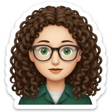 rapariga, olhos verdes escuros, rosto retangular, cabelos muito compridos aos caracóis, com óculos sticker