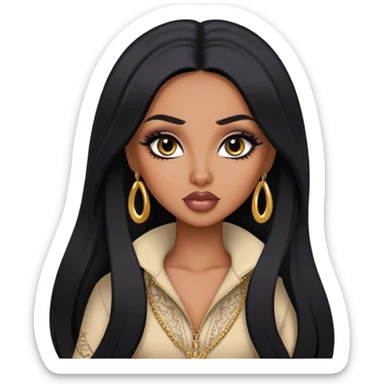 arabian nose, pretty lips, clothes, medium dark skin,  long black hair, pretty bratz baddie, black eyeliner sticker