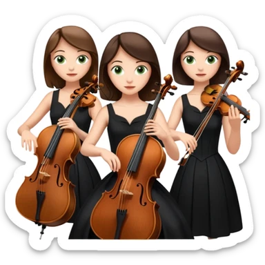 Create an imagine of three brunette women playing string instruments in black dresses, the first is playing a cello with blue eyes, the second is playing a viola with hazel eyes and the third is playing the violin with green eyes sticker