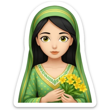 A picture of a black-haired girl in a beautiful green Arabic dress with green dotted stripes and beautiful yellow flowers scattered and a white-faced girl sticker