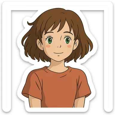 ghibli style girl with green eyes and slightly wavy brown hair sticker