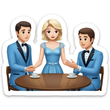Sabrina’s carpenter in a light blue sparkly dress at a table with 3 handsome men facing each other and she is standing up putting her hand out  sticker