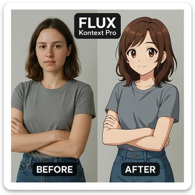create before after image of a girl before is realsitic photo, after is anime version of her in same pose and clothes, add logo with text of a "FLUX Kontext Pro" sticker