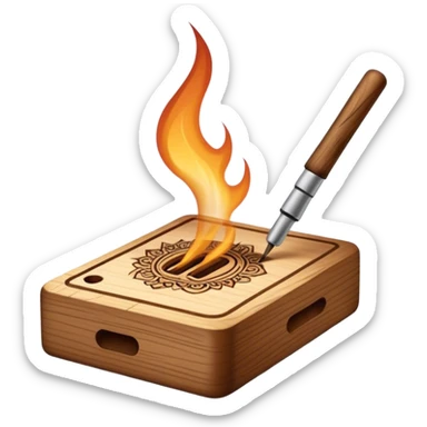 Pyrography icon, wooden surface with intricate burn marks, detailed patterns being burned into wood with a pyrography tool, smoke rising, minimalistic style, clean lines, transparent background. sticker
