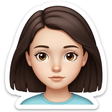 13 year old girl with mid length dark brown hair with minimal highlights, freckles, big forehead and nice lips sticker