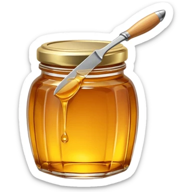 transparent jar of honey with a metal knife sticker