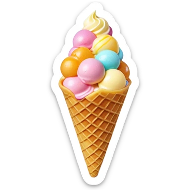 3D rendered Hong Kong egg waffle cone filled with colorful ice cream, hyper-realistic bubbled texture, glossy candy-like finish, vibrant colors, detailed texture, soft studio lighting sticker