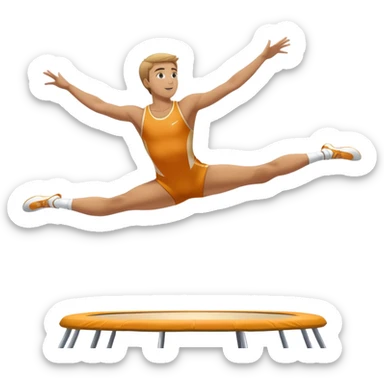An athletic person soaring high above a trampoline, executing an acrobatic flip with perfect form. The scene captures motion and energy, with a dynamic pose, stretched limbs, and a focused expression. The background suggests a professional trampoline arena with safety padding. sticker