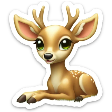 baby deer with delicate angel wings from its back resting peacefully in a lush green meadow soft sunlight filtering through green trees dreamy atmosphere sticker