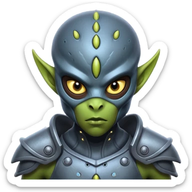 Portrait of a warrior alien with armored skin, glowing scars, sharp features, piercing eyes, and intense expression, front-facing sticker