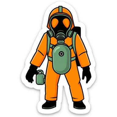 person in an orange suit, wearing a gas mask and black gloves sticker