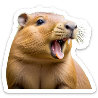 Cinematic Cute Yawning Capybara Portrait Emoji, Head tilted slightly with a dramatic, wide-open yawn, showcasing a plush, rounded body with a broad capybara head featuring a short snout and subtle, small ears, with drowsy, half-closed eyes and a relaxed expression, Simplified yet irresistibly adorable features, highly detailed, glowing with a soft, cozy natural glow, high shine, relaxed yet expressive, stylized with a dash of whimsical charm, soft glowing outline, capturing the essence of a drowsy yet affectionate capybara guardian that seems ready to stretch out for a nap! sticker