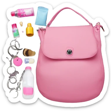 Opened large pink flap hobo bag that's filled with makeup, water bottle, and keychains sticker