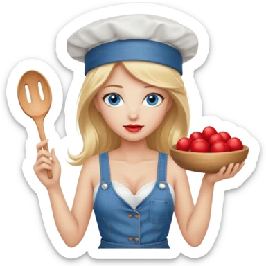 Beautiful, sexy,  long blonde hair, blue eyed, full red lips plunging v neck shirt, denim shorts, chef hat  sticker