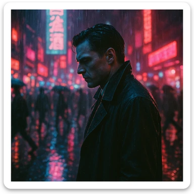 noir cyberpunk city scene, man in trench coat walking through neon-lit rain, dramatic side profile, neon blue and pink lights, wet street with reflections, busy urban crowd blurred in motion, 35mm film look, analog grain, tense and introspective mood sticker