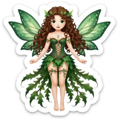 full body woman long curly brown hair brown eyes white skin tattoos dressed as glowing forest fairy with translucent wings and vine corset sticker