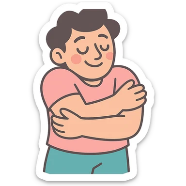 person hugging themselves, symbol of self-support, pastel toon style, clear contours, soft shadows and highlights, white outline sticker