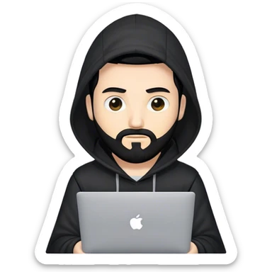 hackeur blanc cheveux noir barbe et capuche noir avec un macbook sticker