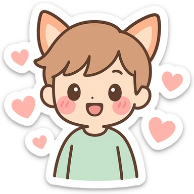 kawaii-style boy with fox ears, blushing, surrounded by hearts sticker