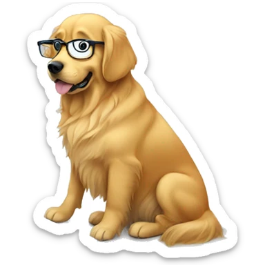 Golden retriever with reading glasses typing on computer sticker