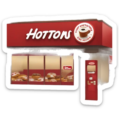 “Tim Hortons store with a red and white color scheme, featuring the classic Tim Hortons logo, a warm and welcoming design that represents a popular coffee and donut shop.” sticker