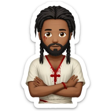 African American man with shoulder length black dreadlocks with black beard wearing a white tunic with blood on it with arms folded together sticker