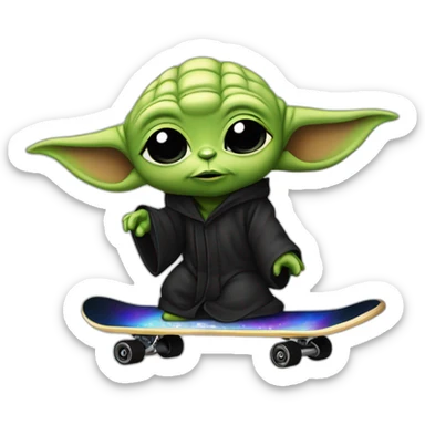 bebe yoda arc-en-ciel qui fait du skate en nageant dans une mer noir sticker
