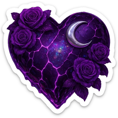 Edit the gothic heart to have cracked deep purple glass, a silver crescent moon, purple roses, shimmering holographic stardust, neon lightning accents, and a glossy wet appearance. Keep the background transparent. The style should reflect a detailed and vibrant gothic aesthetic with emphasis on the glass texture and reflective wet surface. sticker