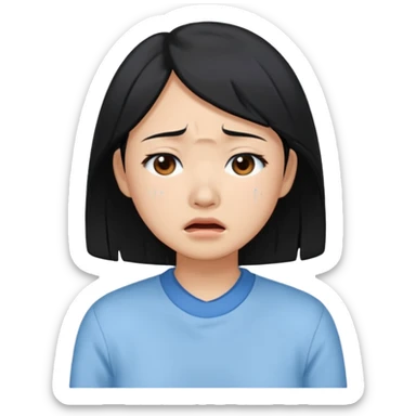A crying East Asian woman with black hair, wearing light blue clothing. Her skin appears dry. sticker
