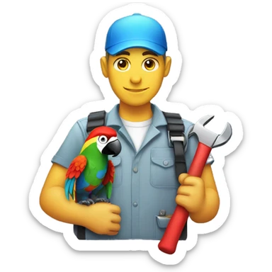 White skinned Engineer carrying a wrench and has a colorful parrot on top of his shoulder sticker