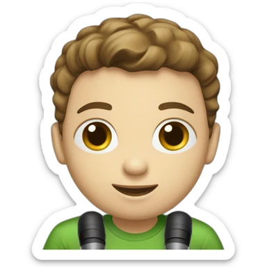 Young boy in a green t_shirt , short balck hear , white skin , brown eyes , with a laptop and microphone sticker