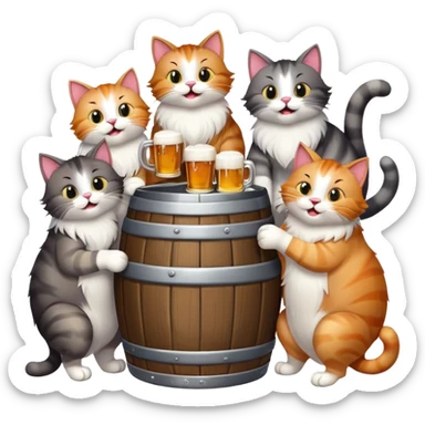 group of 7 cats standing around a beer keg, drinking, all with goofy playful expressions sticker