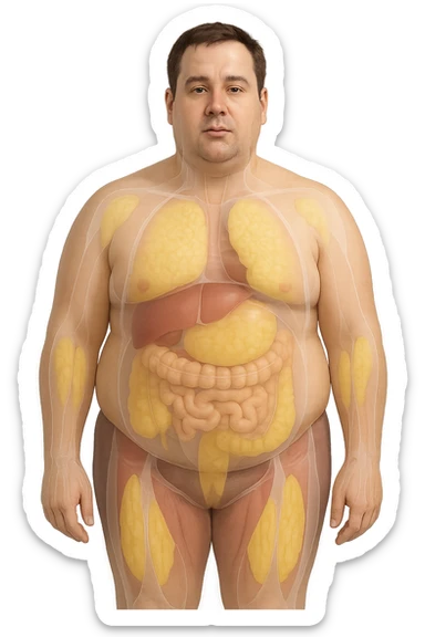 an adult man with a visibly overweight physique stands in a clinical setting. Semi-transparent overlays highlight areas of fat accumulation, especially around the abdomen, chest, and thighs. The fat tissue is shown in yellow, contrasting with underlying muscles and organs. The background is clean and modern, emphasizing the educational aspect. senza scritte sticker
