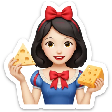 Happy Snow White with red bow in hair and holding triangle wedge of cheese sticker
