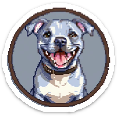 round circle puppy head only, full grey bleu staffy, big open mouth, big tongue out, stupid expression sticker