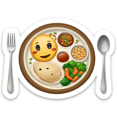  dirty plate after eating, leftover food scraps, vegetable pieces, rice grains, sauce stains on the plate, fork and spoon placed beside the plate, no face, no character, no human features, realistic food leftovers, clean and simple background, soft lighting, high quality, emoji style sticker