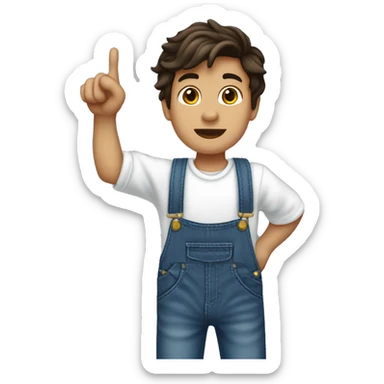 boy pointing to the sky, dark brown wavy hair, wearing blue jeans overalls and white shirt. half body shot. view from behind, back. sticker