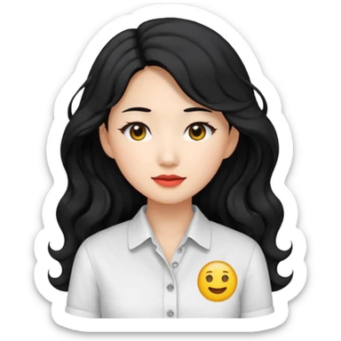 Asian woman, black hair, long permed wavy hair, white button-up shirt, emoji style, flat colors, transparent background. sticker