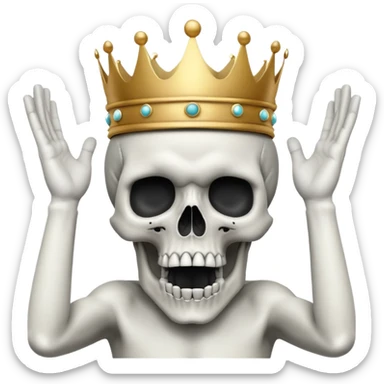 A shocked skull with a crown on top, both hands raised pressing on its head in disbelief, black and white sticker