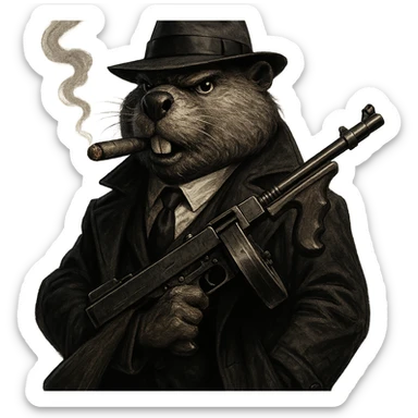 confident anthropomorphic beaver as a 1920s gangster, wearing a black suit, trench coat, white shirt, black tie, fedora hat, smoking a cigar, holding a Tommy gun, dramatic gritty noir lighting, realistic cartoon style, transparent or simple background sticker