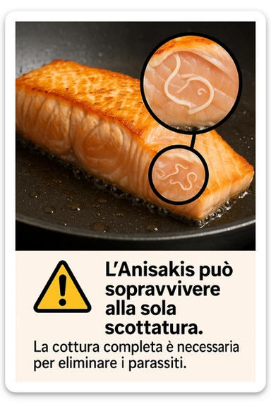 a close-up of a salmon fillet being lightly seared in a hot pan, with the outer layer cooked but the inside still raw. An inset magnifies the interior, showing visible Anisakis parasites surviving in the uncooked portion. A warning icon and educational text explain that searing alone may not eliminate all parasites. in italiano sticker