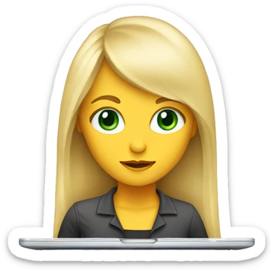 Young woman, long blonde hair with bang, green eyes working on laptop  sticker