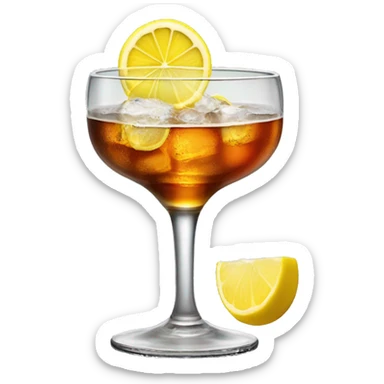 A glass of jagermeisteir with an ice cub and a slice of lemon sticker