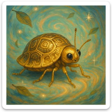Golden Tortoise Beetle with a tortoise shell-like carapace, whimsical and imaginative surreal art style sticker
